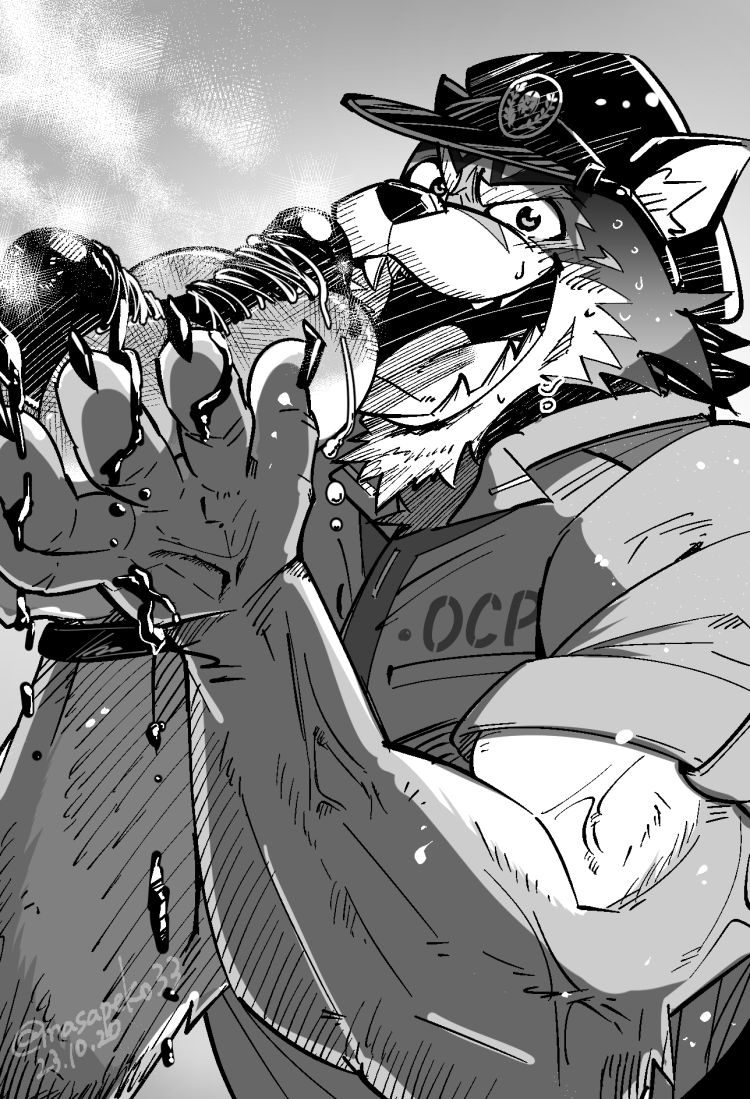 anthro barrel_(live_a_hero) biceps canid canine canis clothing eating food hot_dog lifewonders live_a_hero male mammal masapeko33 police_hat police_uniform solo uniform vein veiny_muscles wolf