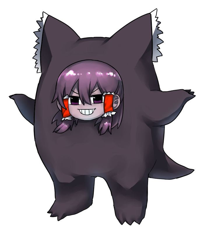 1girl aaaa_(aaaa480) brown_eyes brown_hair commentary_request cookie_(touhou) cosplay frilled_hair_tubes frills full_body gengar gengar_(cosplay) grin hair_between_eyes hair_tubes hakurei_reimu long_bangs looking_at_viewer maru_(cookie) pokemon short_hair simple_background smile solo standing touhou transparent_background v-shaped_eyebrows