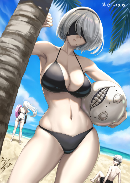 1boy 2b_(nier:automata) 2girls 9s_(nier:automata) a2_(nier:automata) alternate_costume ass beach bikini black_bikini black_blindfold black_hairband blindfold blue_sky breasts cloud covered_eyes day eiwa emil_(nier) hairband large_breasts mole mole_under_mouth multiple_girls navel nier:automata nier_(series) ocean outdoors sand sky swimsuit water white_hair