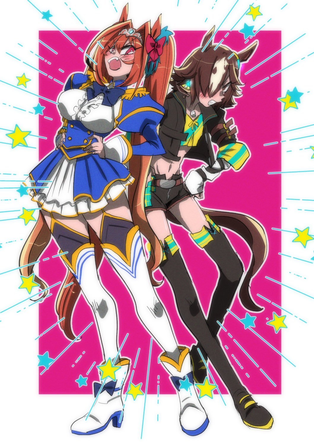 2girls animal_ears black_footwear black_jacket black_shorts black_thighhighs blue_jacket blush boots breasts brown_eyes brown_hair center_frills commentary_request daiwa_scarlet_(umamusume) frills hair_intakes hair_over_one_eye hands_on_own_hips highres horse_ears horse_girl horse_tail jacket juliet_sleeves kumako_(kuma8j) large_breasts long_sleeves multiple_girls open_clothes open_jacket open_mouth pink_background puffy_sleeves short_shorts shorts standing star_(symbol) tail thighhighs thighhighs_under_boots tiara twintails two-tone_background umamusume vodka_(umamusume) white_background white_footwear white_thighhighs
