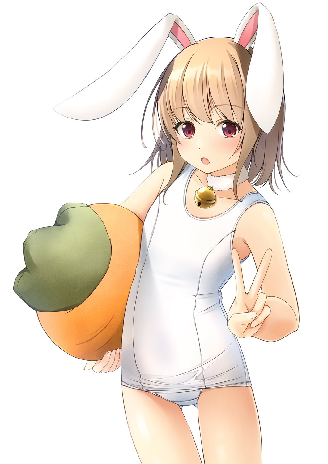 1girl animal_ears ass_visible_through_thighs bell brown_eyes carrot fake_animal_ears flat_chest highres jingle_bell light_brown_hair neck_bell old_school_swimsuit original pillow rabbit_ears school_swimsuit shibacha short_hair simple_background solo standing swimsuit thigh_gap v white_background white_swimsuit