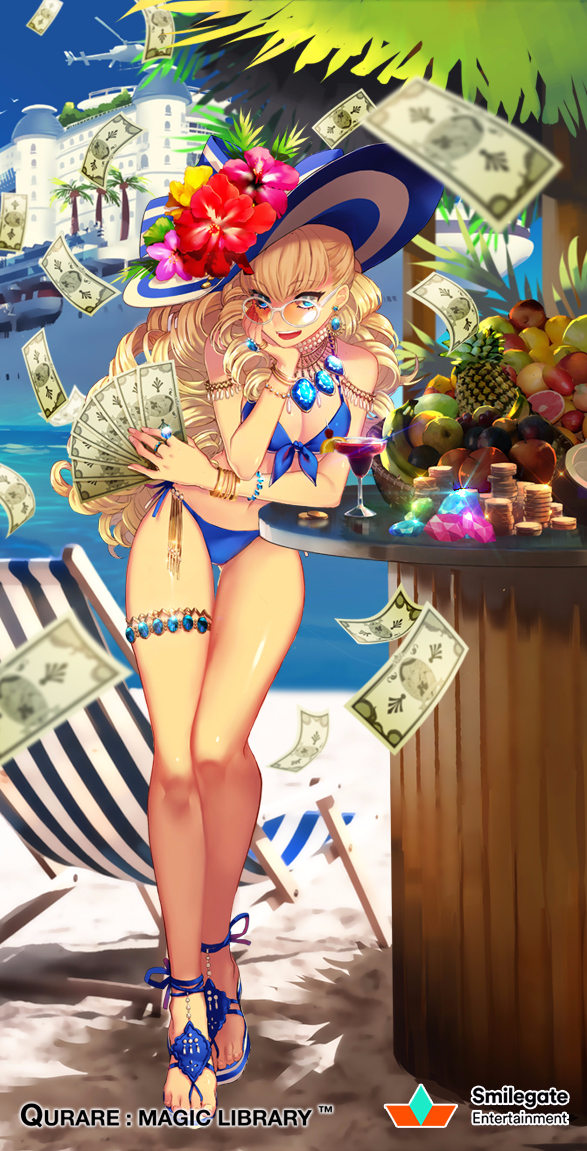 1girl :d apple arm_rest banana basket beach bikini bird blonde_hair blue_bikini blue_bow blue_eyes blue_footwear blue_gemstone blue_headwear bow choppy_bangs cocktail cocktail_glass coin collar company_name copyright_name counter cruise_ship cup day deck_chair drill_hair drinking_glass earrings flower food front-tie_bikini_top front-tie_top fruit fruit_basket full_body gem gold_bracelet grapefruit grapes green_gemstone half_updo hat hat_bow hat_flower hat_ornament head_rest hibiscus holding holding_money jewelry leaning_on_table long_hair looking_at_viewer mango money money_rain multiple_necklaces multiple_rings necklace ocean official_art orange-tinted_eyewear pearl_necklace pineapple pink_flower pink_gemstone qurare_magic_library red_flower ring saeuchobab sandals ship side-tie_bikini_bottom smile solo standing striped striped_headwear sun_hat sunglasses swimsuit teeth thighlet tinted_eyewear upper_teeth_only watercraft white_bow white_headwear yellow_flower