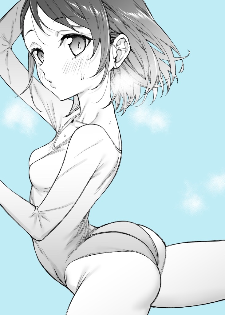 ass athletic_leotard blue_background blush breasts floating_hair greyscale greyscale_with_colored_background idolmaster idolmaster_cinderella_girls idolmaster_cinderella_girls_u149 leg_up leotard looking_at_viewer monochrome mushi024 sasaki_chie small_breasts solo sweat