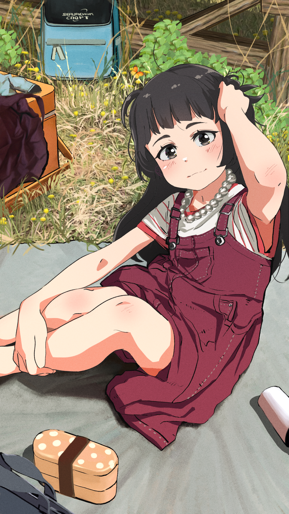 1girl adjusting_hair arm_up armpits backpack backpack_removed bag bento black_hair blanket blue_bag blunt_bangs blush brown_eyes casual closed_mouth commentary cooler day dress elbow_blush eyelashes feet_out_of_frame fence film_grain flower from_above from_side grass hand_on_own_head hand_on_own_leg hands_on_ground head_tilt highres ira_(servachok) jewelry knee_blush leaning_back light_smile long_hair looking_at_viewer looking_up messy_hair necklace original outdoors pearl_necklace picnic pinafore_dress red_dress red_shirt servachok shirt short_sleeves sitting sleeveless sleeveless_dress smile solo t-shirt two-tone_shirt white_shirt yellow_flower