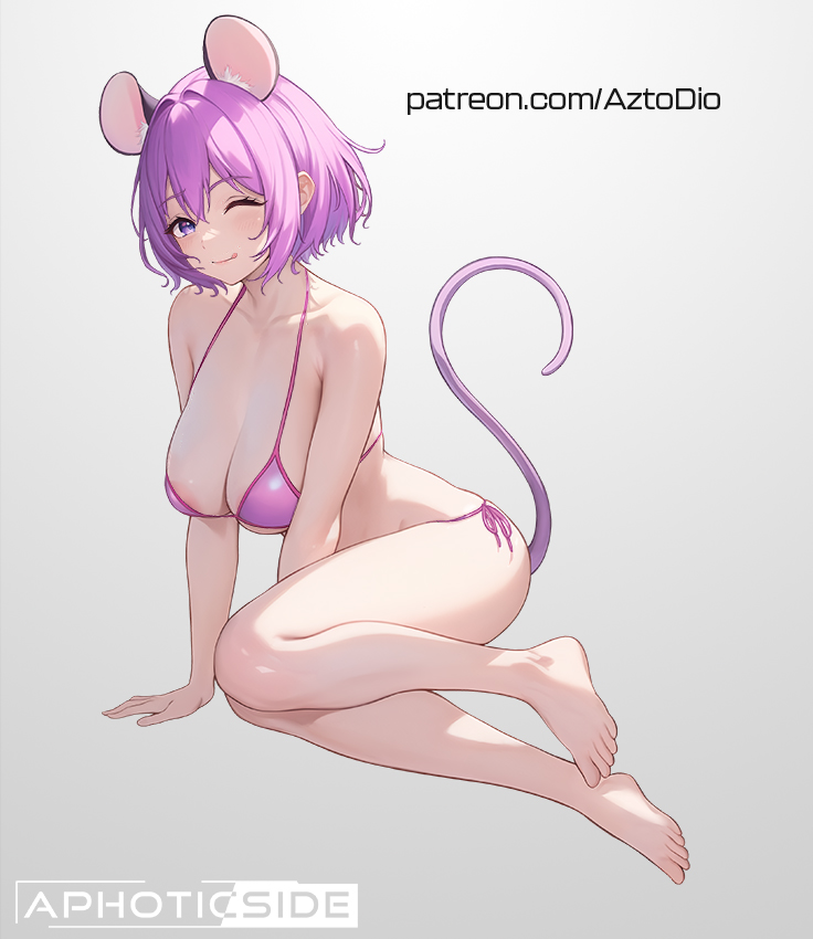 1girl animal_ears areola_slip aztodio bangs bare_arms bare_legs bare_shoulders barefoot bikini blush bob_cut breasts cleavage closed_mouth collarbone feet gradient_background grey_background hair_between_eyes hair_intakes large_breasts looking_at_viewer mouse_ears mouse_girl mouse_tail one_eye_closed original patreon_username pink_bikini pink_eyes pink_hair pink_theme side-tie_bikini_bottom smile solo string_bikini swimsuit tail thighs toes tongue tongue_out web_address