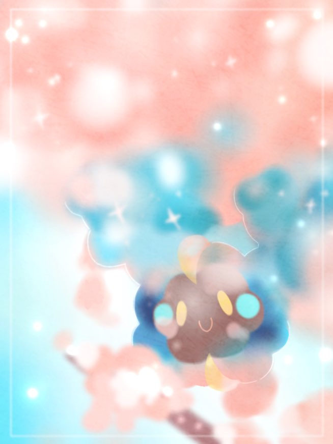 animal_focus blue_background border commentary_request cosmog floating hanabusaoekaki looking_at_viewer no_humans pink_background pokemon pokemon_(creature) smile solo two-tone_background white_border yellow_eyes