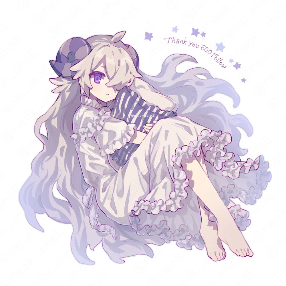 1girl ahoge barefoot closed_mouth curled_horns english_text frilled_shirt_collar frilled_sleeves frills full_body grey_hair grey_horns hair_over_one_eye holding holding_pillow horns knees_up long_hair looking_at_viewer milestone_celebration neoki_ohae object_hug original pajamas pillow pillow_hug plantar_flexion purple_eyes purple_horns sheep_horns solo striped_horns striped_pillow twitter_username very_long_hair watermark white_background zoom_layer