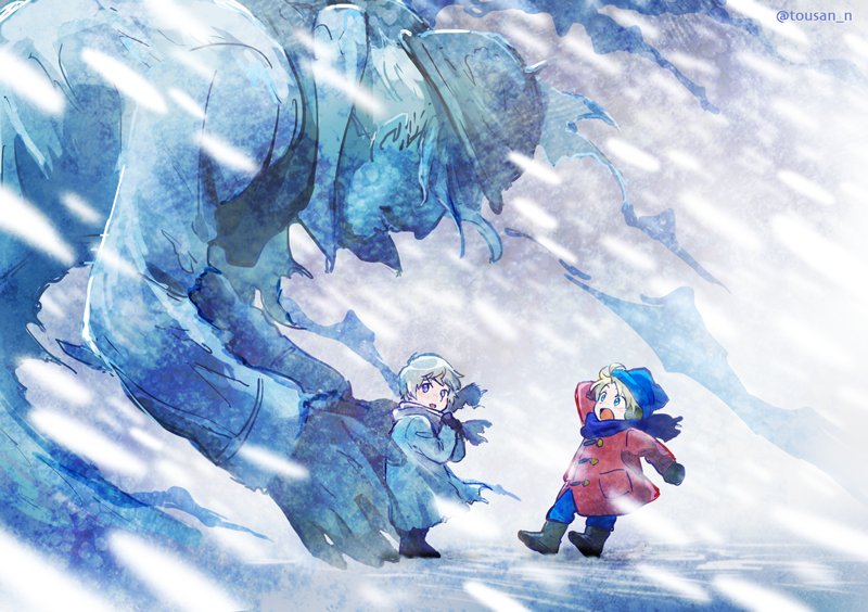 3boys america_(hetalia) aqua_eyes axis_powers_hetalia black_footwear blonde_hair blue_headwear blue_pants blue_scarf boots child coat eduroku from_side giant grey_coat grey_hair hand_on_own_head hat hat_tug helmet long_sleeves looking_at_another looking_back male_child male_focus mittens motion_blur multiple_boys open_mouth pants purple_eyes red_coat russia_(hetalia) scarf short_hair size_difference smile snowing standing surprised wind winter winter_clothes