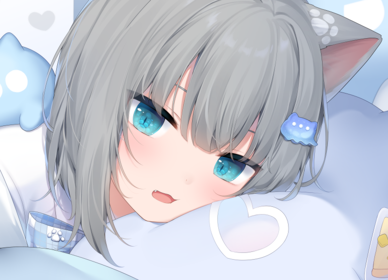 1girl amashiro_natsuki animal_ears blue_eyes cat_ears commentary fang grey_hair hair_between_eyes hair_ornament indie_virtual_youtuber looking_at_viewer nachoneko open_mouth pillow shirt solo symbol-only_commentary virtual_youtuber white_shirt