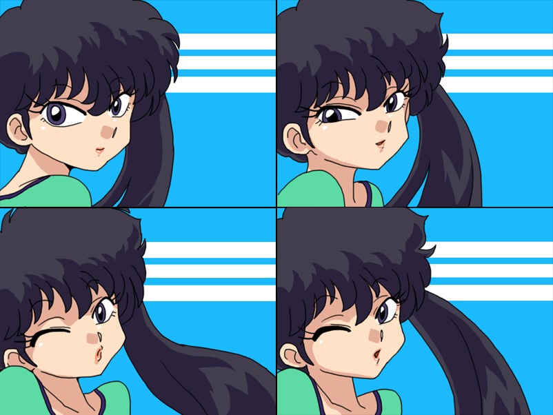 1girl black_hair blue_background green_leotard happy kunou_kodachi leotard light_smile lips looking_at_viewer one_eye_closed ranma_1/2 variations wanta_(futoshi)