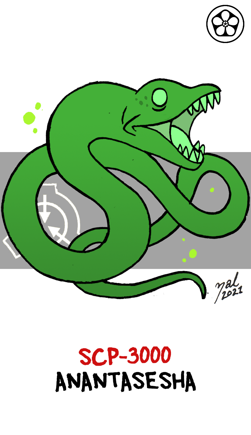 2021 ambiguous_gender apode black_text bubble character_name colored dated digital_drawing_(artwork) digital_media_(artwork) eel empty_eyes english_text feral fish green_and_white green_body green_eyes green_skin green_teeth green_tongue hi_res legless marine monochrome monster open_mouth red_text scp-3000 scp_foundation sharp_teeth signature simple_background solo tail teeth text tongue white_background zal-cryptid