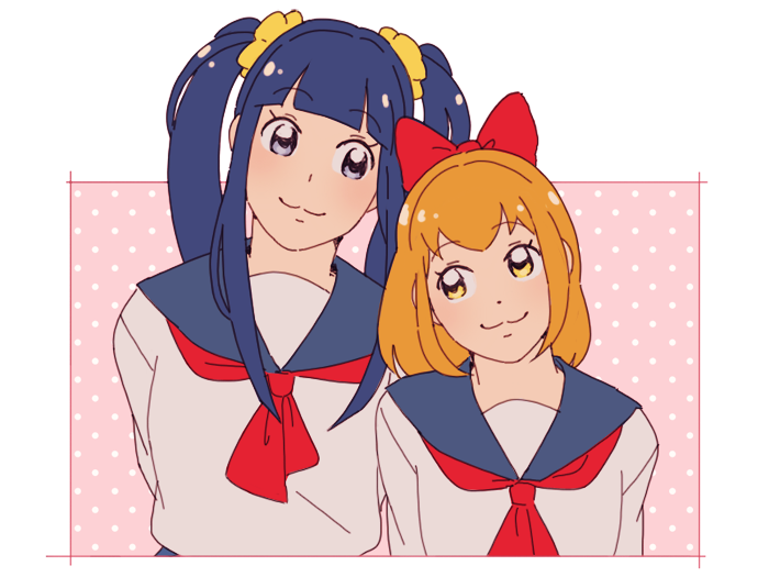 2girls :3 alternate_hairstyle arms_behind_back blue_eyes blue_hair bow commentary hair_bow hair_ornament hair_scrunchie hairstyle_switch hanpetos height_difference long_hair multiple_girls orange_eyes orange_hair pipimi polka_dot polka_dot_background poptepipic popuko school_uniform scrunchie serafuku sidelocks smile twintails