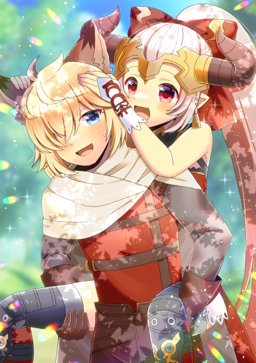 1boy 1girl :d aliza_(granblue_fantasy) animal_ear_fluff animal_ears bare_shoulders black_thighhighs blonde_hair blue_eyes blurry blurry_background blush bow brown_gloves brown_hair brown_pants carrying commentary_request day depth_of_field draph erune feet_out_of_frame gloves granblue_fantasy hair_bow hair_over_one_eye hand_on_another's_ear hand_on_another's_head horns kou_hiyoyo long_hair long_sleeves outdoors pants piggyback ponytail red_bow red_eyes red_shirt shirt smile stan_(granblue_fantasy) sweat thighhighs very_long_hair