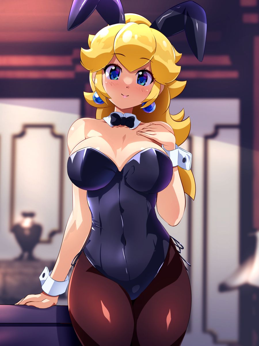 1girl animal_ears black_bow black_bowtie black_leotard black_pantyhose blonde_hair blue_eyes blurry blurry_background bow bowtie breasts earrings fake_animal_ears highres indoors jewelry konpeto large_breasts leotard looking_at_viewer mario_(series) pantyhose playboy_bunny princess_peach rabbit_ears side-tie_leotard smile solo standing strapless strapless_leotard traditional_bowtie white_wrist_cuffs