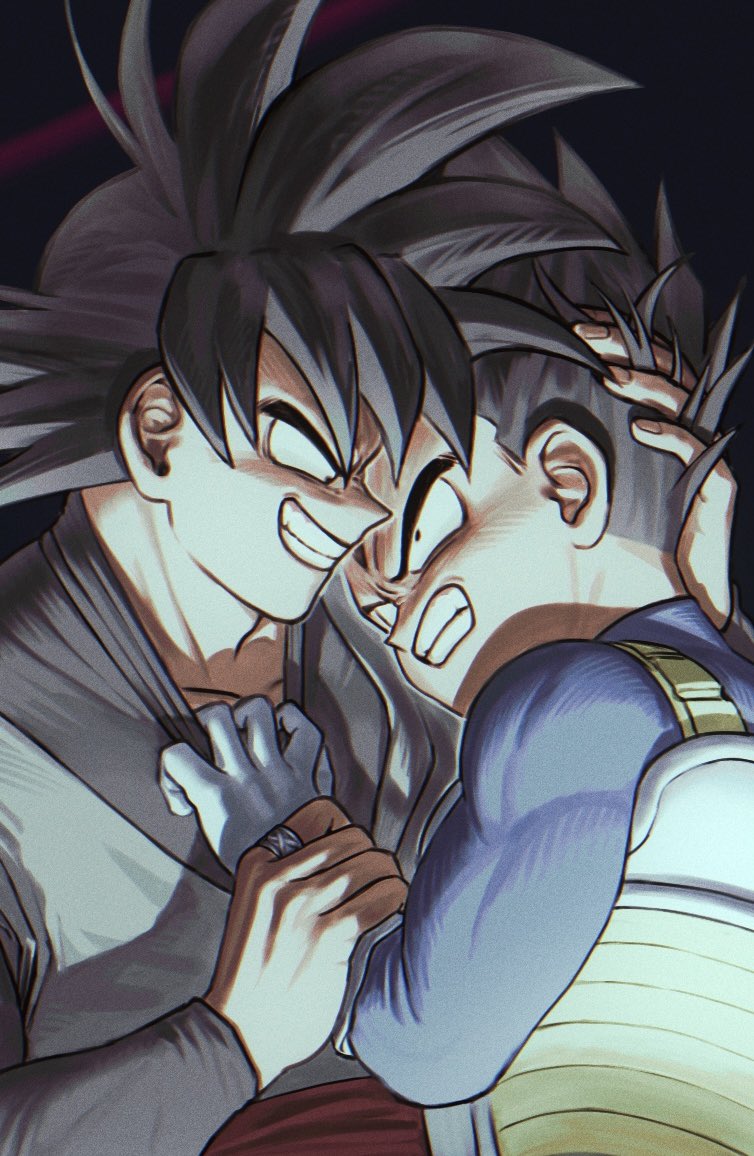 2boys armor bara black_hair blue_bodysuit bodysuit chest_armor chimachimadb clenched_teeth cropped dougi dragon_ball dragon_ball_super evil_smile gloves goku_black hand_on_another's_head holding_another's_wrist jewelry looking_at_another male_focus multiple_boys muscular muscular_male ring saiyan_armor short_hair smile spiked_hair teeth vegeta white_gloves yaoi