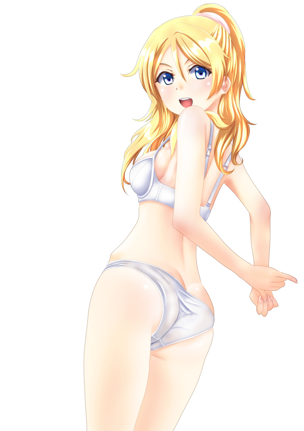 1girl arms_behind_back ass ayase_eli back blonde_hair blue_eyes bra breasts commentary_request cowboy_shot crotch_seam from_behind hair_ornament hair_scrunchie highres jou_(circlemay) long_hair looking_at_viewer looking_back love_live! love_live!_school_idol_project medium_breasts open_mouth panties ponytail scrunchie smile solo standing underwear underwear_only white_bra white_panties white_scrunchie