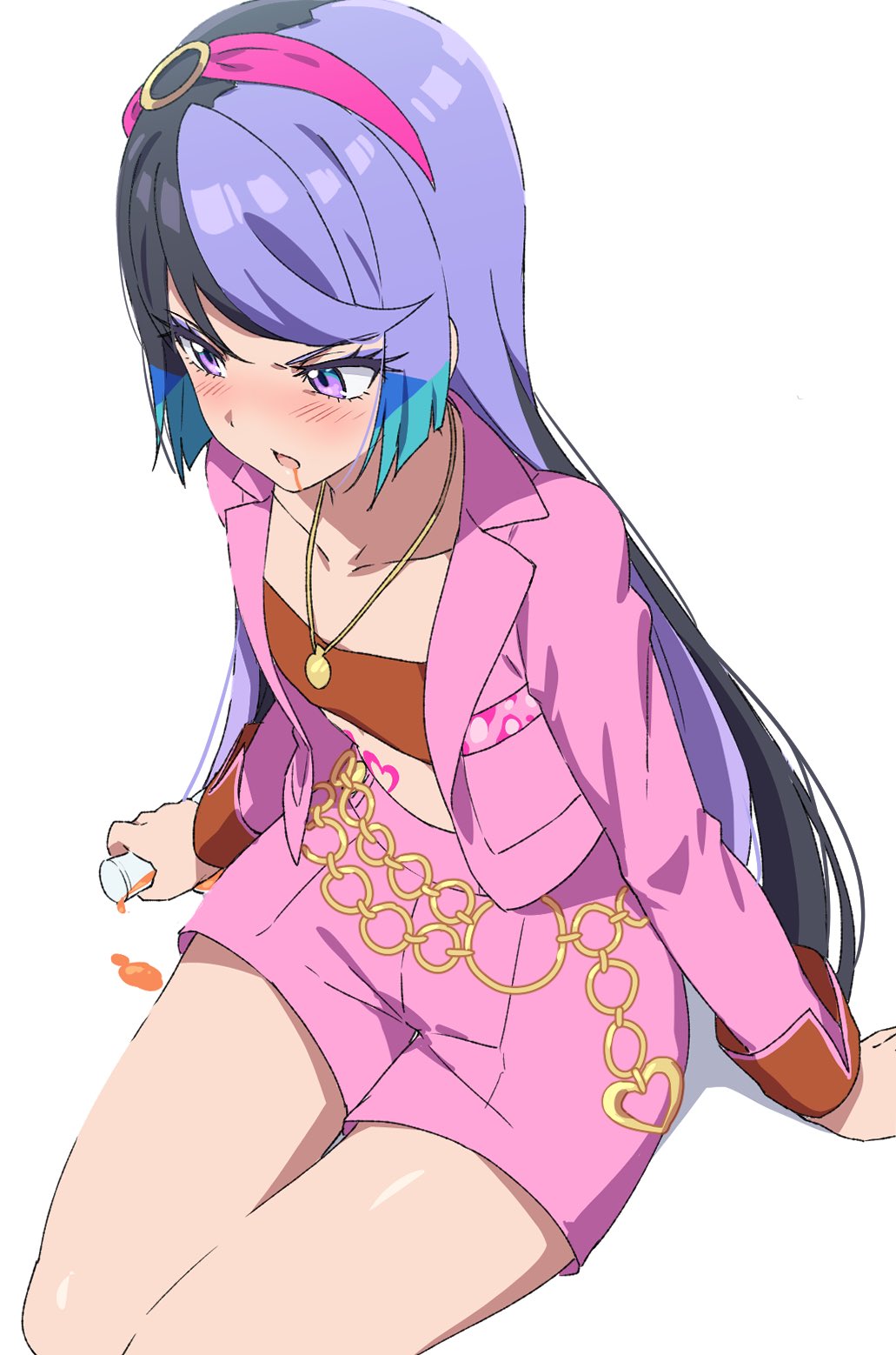 1girl black_hair blush carron_(waccha_primagi!) chain commentary_request crop_top cup dolldolldd from_above hairband highres holding holding_cup jacket jewelry korean_commentary long_hair long_sleeves multicolored_hair necklace nose_blush open_clothes open_jacket open_mouth pink_hairband pink_jacket pink_shorts pretty_series purple_eyes purple_hair shorts simple_background sitting solo spill very_long_hair waccha_primagi! white_background