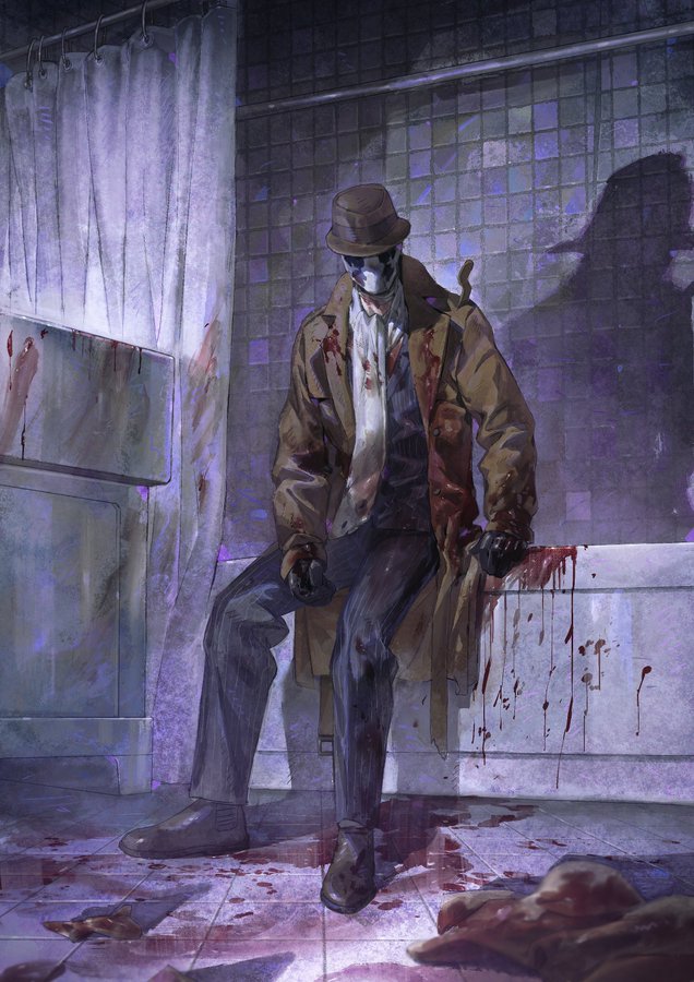 1boy ascot bath bathtub blood blood_on_clothes blood_on_ground curtains facing_down fedora gloves hat indoors inkblot male_focus mask rorschach scarf sitting taocan_shisi_hao trench_coat watchmen