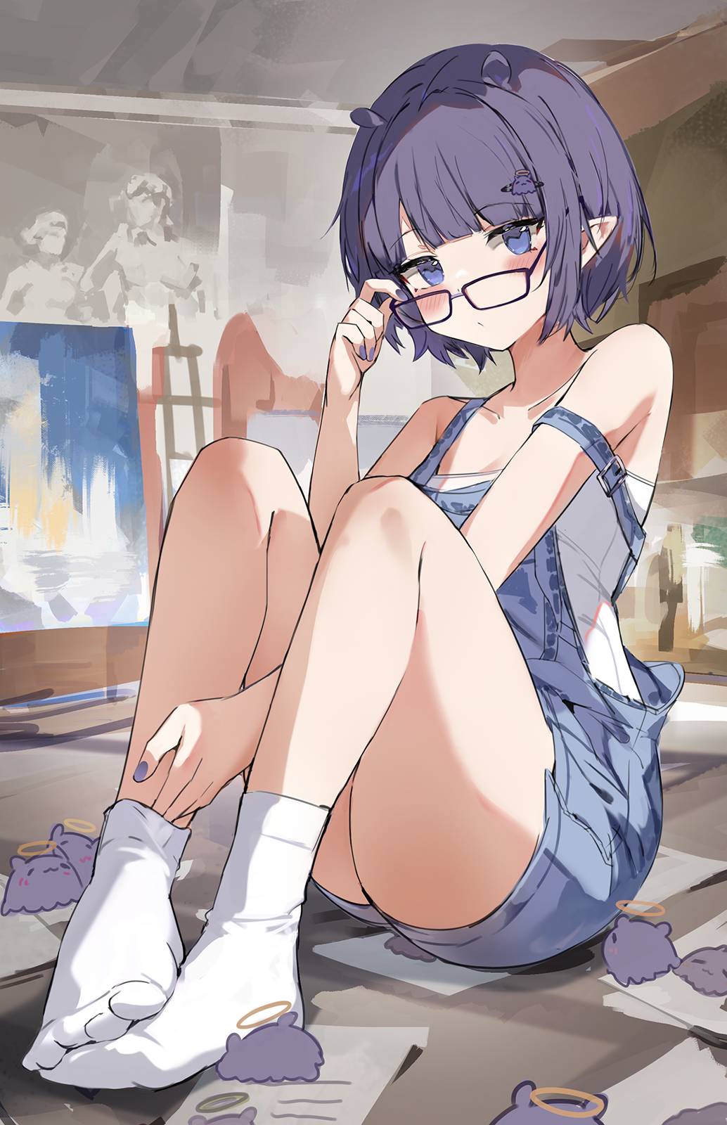 1girl alternate_costume blue_eyes blue_shorts blunt_bangs blush collarbone dress easel extra_ears feet full_body glasses hand_on_own_leg hand_up highres hololive hololive_english indoors knees_up legs looking_at_viewer nail_polish ninomae_ina'nis no_shoes on_ground orobou overall_shorts overalls painting_(object) pointy_ears purple_hair purple_nails shadow shirt short_hair shorts sitting sleeveless sleeveless_shirt socks solo strap_slip strapless strapless_shirt takodachi_(ninomae_ina'nis) thighs toes virtual_youtuber white_shirt white_socks