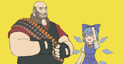 1boy 1girl animated animated_gif bald beard_stubble black_gloves black_vest blue_bow blue_dress blue_hair blush_stickers bow bowtie brown_collar cirno clenched_hands closed_eyes collar collared_shirt crossover dress fairy fairy_wings fingerless_gloves gloves hair_bow heavy_(tf2) height_difference high_collar ice ice_wings looping_animation lowres muscular muscular_male open_mouth puffy_short_sleeves puffy_sleeves red_bow red_bowtie red_shirt sdz_(inazuma) shell_casing shirt short_hair short_sleeves sleeveless sleeveless_dress smile team_fortress_2 teeth thick_eyebrows touhou upper_body vest white_shirt wings yellow_background