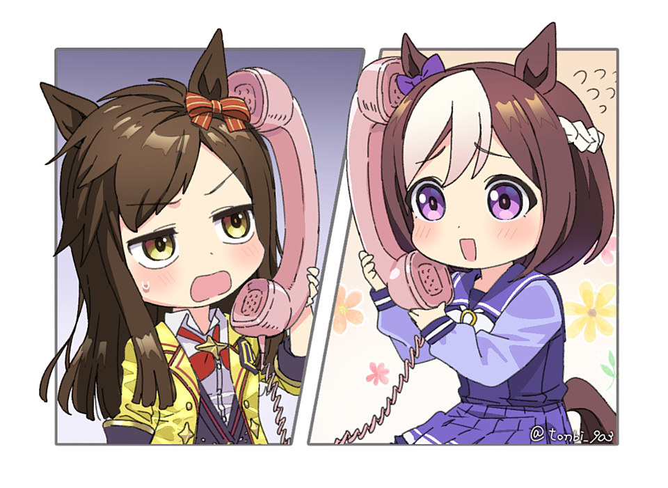 2girls :d animal_ears black_vest blush bow braid brown_eyes brown_hair buena_vista_(umamusume) collared_shirt commentary_request corded_phone dress_shirt ear_bow flying_sweatdrops holding holding_phone horse_ears horse_girl horse_tail jacket long_hair long_sleeves multicolored_hair multiple_girls open_clothes open_jacket phone pleated_skirt puffy_long_sleeves puffy_sleeves purple_bow purple_eyes purple_shirt purple_skirt red_bow school_uniform shirt skirt smile special_week_(umamusume) striped striped_bow tail tonbi tracen_school_uniform twitter_username two-tone_hair umamusume vest white_bow white_hair white_shirt yellow_jacket