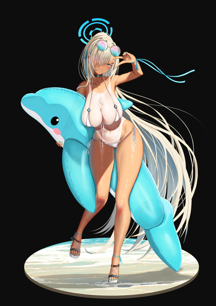 1girl asuna_(blue_archive) bare_shoulders blue_archive blue_eyes blue_ribbon blush breasts cleavage collarbone eyewear_on_head feet full_body grin hair_over_one_eye hair_ribbon halo inflatable_dolphin inflatable_toy large_breasts legs light_brown_hair long_hair looking_at_viewer nail_polish navel ribbon round_eyewear sandals smile solo sunglasses tan tanlines tinted_eyewear toenail_polish toenails toes v very_long_hair zukky