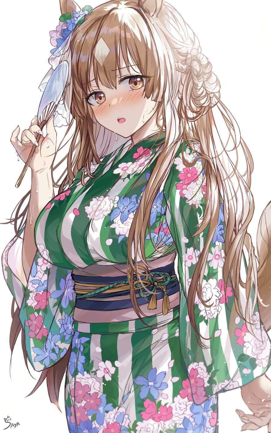 1girl :o alternate_costume animal_ears blush braid breasts brown_eyes brown_hair cloud ear_ornament floral_print hair_between_eyes hair_ornament half_updo hand_fan hand_up highres holding holding_fan horse_ears horse_girl horse_tail japanese_clothes kimono large_breasts long_hair long_sleeves looking_at_viewer obi open_mouth outside_border paper_fan print_kimono sash satono_diamond_(umamusume) saya_(mychristian2) signature simple_background solo standing striped striped_kimono sweat tail uchiwa umamusume vertical-striped_kimono vertical_stripes very_long_hair white_background