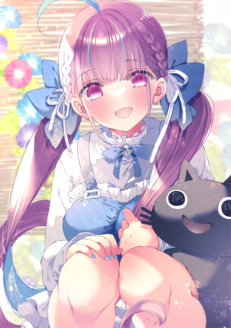 :d ahoge blunt_bangs highres hololive long_hair looking_at_viewer minato_aqua moo_(umineko) multicolored_hair neko_(minato_aqua) pink_eyes pink_hair sitting smile twintails two-tone_hair very_long_hair virtual_youtuber