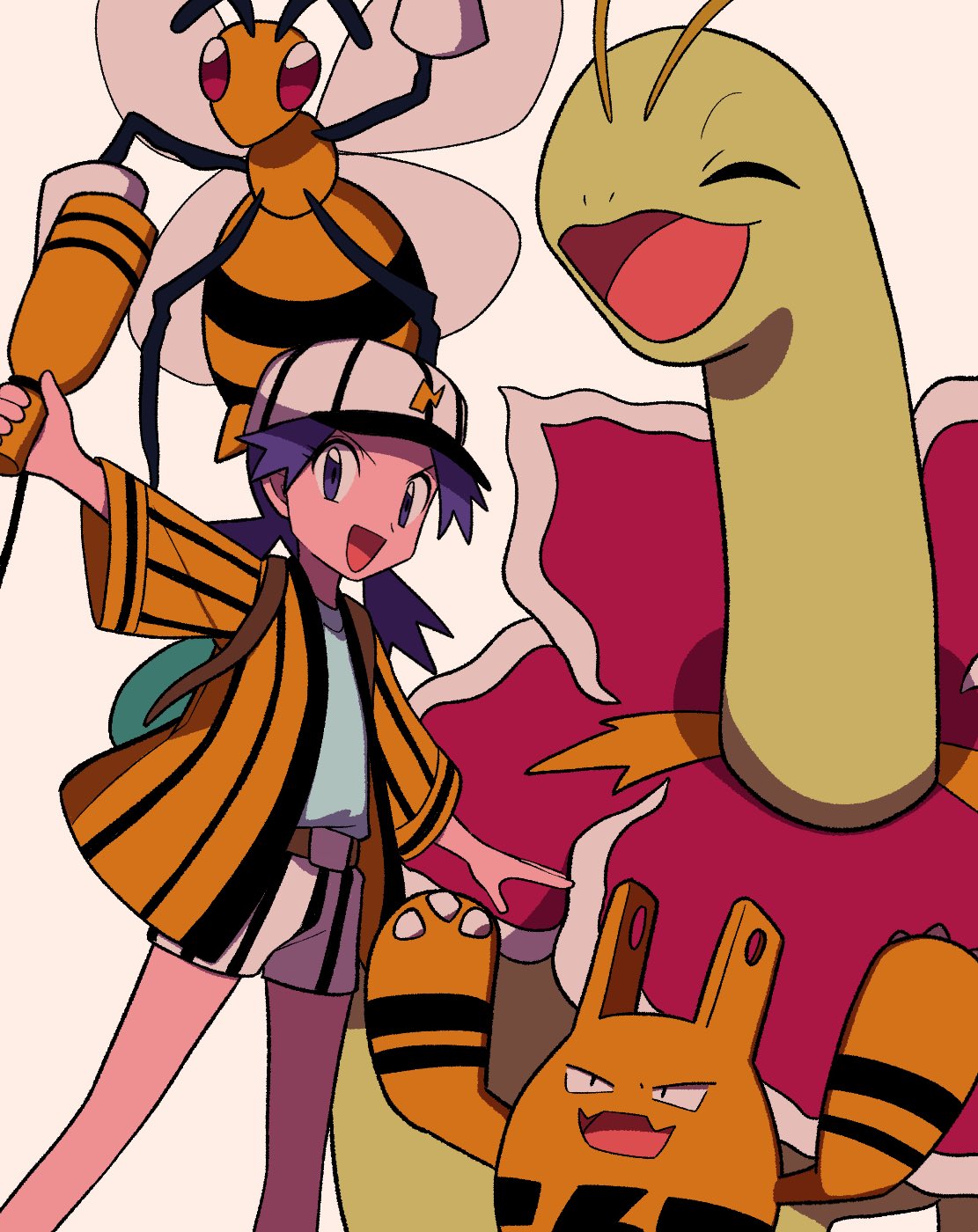 1girl :d beedrill belt belt_buckle brown_belt buckle casey_(pokemon) commentary_request elekid eyelashes hat highres holding jacket long_hair looking_at_viewer meganium open_clothes open_jacket open_mouth outstretched_arm pokemon pokemon_(anime) pokemon_(classic_anime) pokemon_(creature) purple_eyes purple_hair shirt shorts smile striped striped_shorts twintails tyako_089 vertical-striped_shorts vertical_stripes white_background white_headwear white_shorts