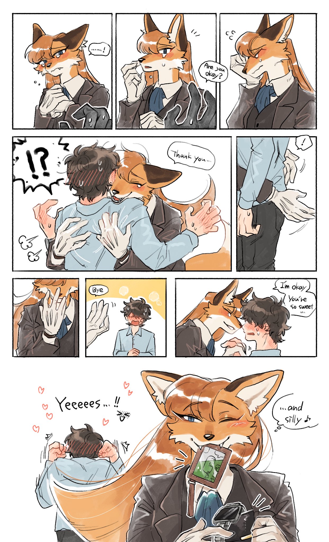 anthro blue_eyes blush bodily_fluids canid canine cloves comic duo embrace female fox hi_res hug human male mammal ng_hus speech_bubble tears thief wallet