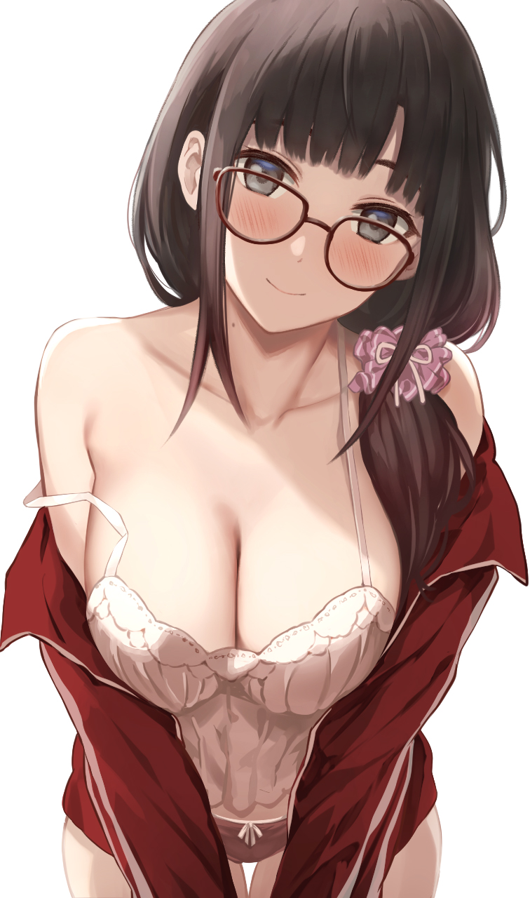 1girl black_eyes black_hair blush breasts cleavage glasses grey_eyes hair_ornament hair_scrunchie highres jacket large_breasts long_hair looking_at_viewer mole mole_on_neck nijisanji off_shoulder open_clothes open_jacket red_jacket scrunchie serizawa_(serizawaroom) short_shorts shorts smile solo suzuka_utako track_jacket virtual_youtuber