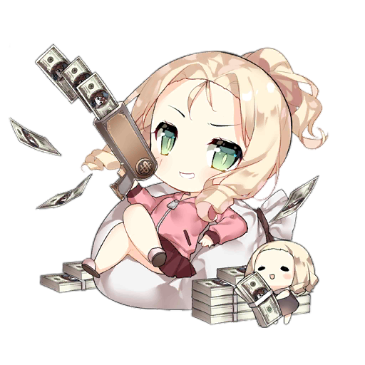 2girls 6p62_(girls'_frontline) :d artist_request banknote blonde_hair blush blush_stickers brown_dress chibi crossed_legs curly_hair currency_strap dollar_bill dollar_sign dress fairy_(girls'_frontline) full_body girls'_frontline golden_fairy_(girls'_frontline) green_eyes grin gun holding holding_gun holding_money holding_weapon jacket long_sleeves looking_at_viewer lying money money_bag multiple_girls no_socks official_art open_mouth parted_bangs pink_jacket pleated_skirt ponytail raised_eyebrow red_skirt rich short_hair simple_background skirt slippers slit_pupils smile third-party_source transparent_background weapon white_bag zipper