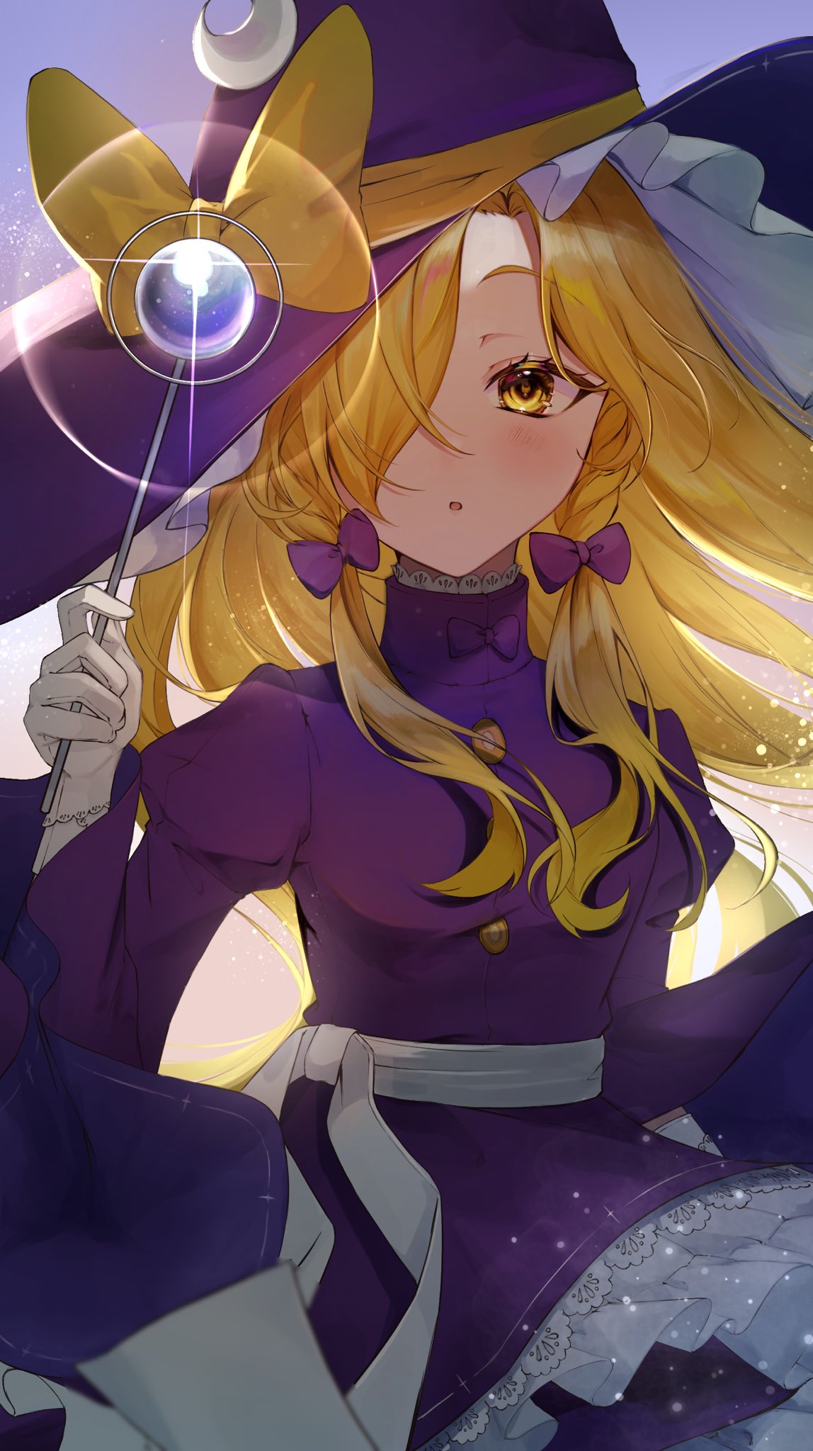 1girl belt blonde_hair blush bow breasts buttons crescent crescent_hat_ornament dress gloves gradient_background hair_bow hair_over_one_eye hat hat_bow hat_ornament highres holding holding_wand juliet_sleeves kirisame_marisa kirisame_marisa_(pc-98) long_hair long_sleeves looking_at_viewer medium_breasts mokou_cooking open_mouth pink_background puffy_sleeves purple_background purple_bow purple_dress purple_headwear simple_background solo sparkle standing tongue touhou touhou_(pc-98) wand white_belt white_gloves wide_sleeves witch_hat yellow_bow yellow_eyes