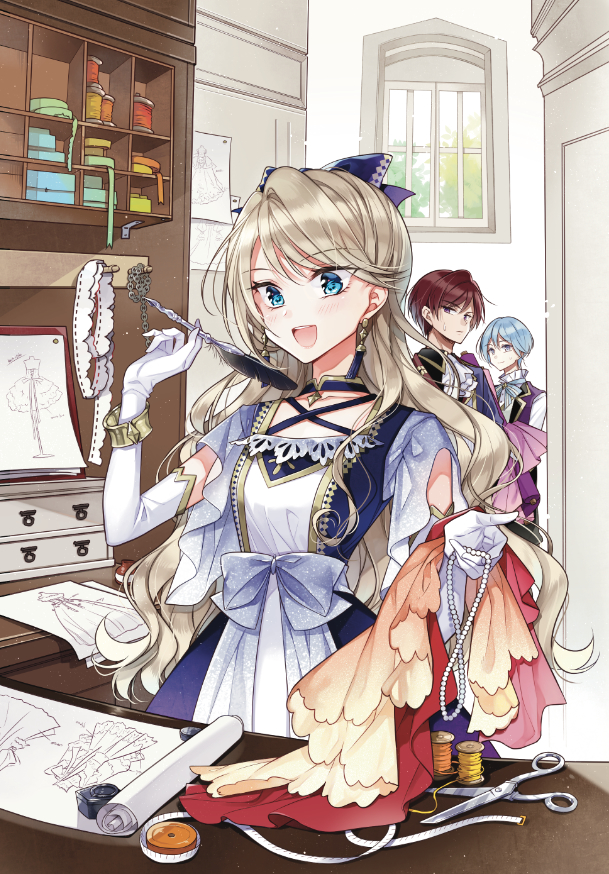 1girl 2boys :d ascot black_shirt blonde_hair blue_bow blue_choker blue_dress blue_hair blue_jacket blue_ribbon bow bracelet chain choker closed_mouth coat collared_coat collared_shirt cross-laced_clothes dai_yogensha_wa_zense_kara_nigeru dangle_earrings drawer drawing dress earrings elbow_gloves fabric frilled_shirt_collar frills gloves gold_trim grey_eyes hair_between_eyes hair_bow hand_up holding holding_jewelry holding_necklace holding_quill indoors ink_bottle jacket jewelry lace-trimmed_dress lace_trim lapels long_hair looking_at_another multiple_boys neck_ribbon necklace notched_lapels official_art paper pendant_choker purple_eyes purple_vest quill red_coat red_hair ribbon ribbon_spool scissors scroll shirt short_hair short_sleeves smile spool swept_bangs tailor tape_measure tassel tassel_earrings two-tone_dress upper_body vest waist_bow wavy_hair white_ascot white_dress white_gloves white_shirt window yukiko_(tesseract)
