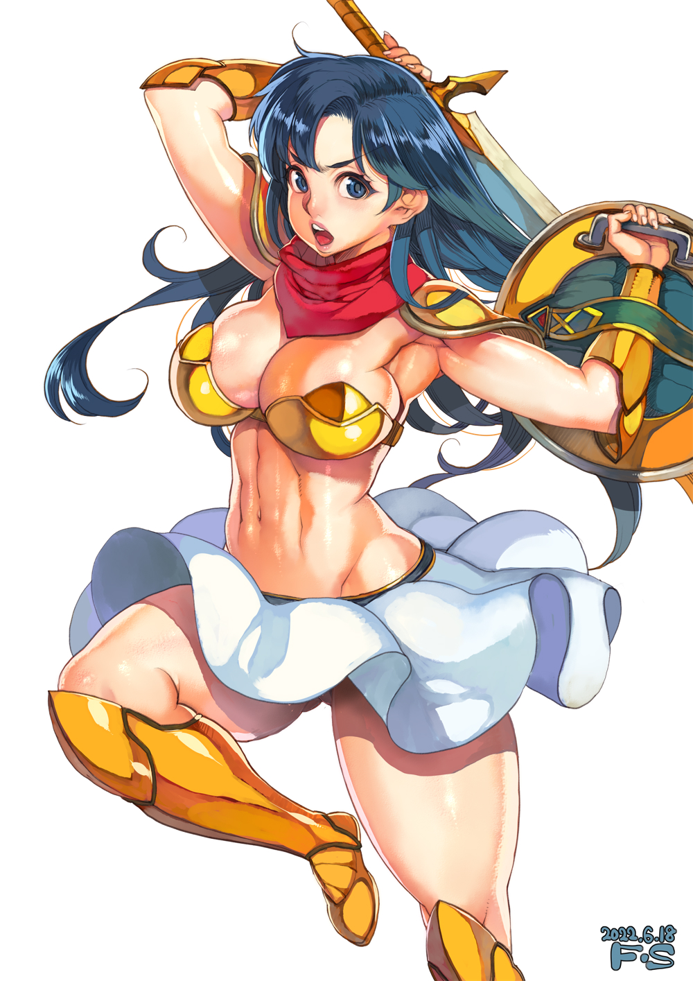 1girl abs armor armpits asou_yuuko bikini_armor blue_eyes blue_hair boots breasts cleavage f.s. gold_armor highres holding holding_sword holding_weapon knee_boots large_breasts long_hair metal midriff miniskirt mugen_senshi_valis navel red_scarf scarf shoulder_pads skirt solo sword valis vambraces warrior weapon