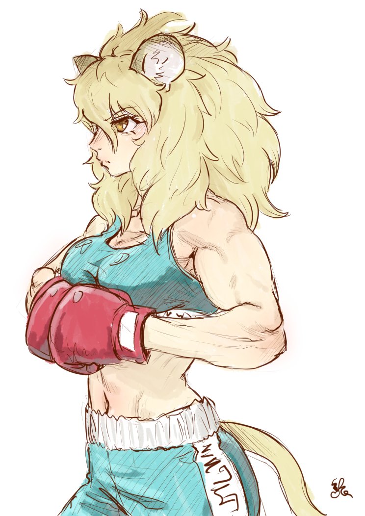 1girl alternate_costume animal_ears big_hair blonde_hair blue_shorts blue_sports_bra boxing_gloves boxing_shorts cowboy_shot hair_between_eyes kemono_friends kishida_shiki lion_(kemono_friends) lion_ears lion_girl lion_tail long_hair midriff muscular muscular_female navel orange_eyes shorts solo sports_bra tail