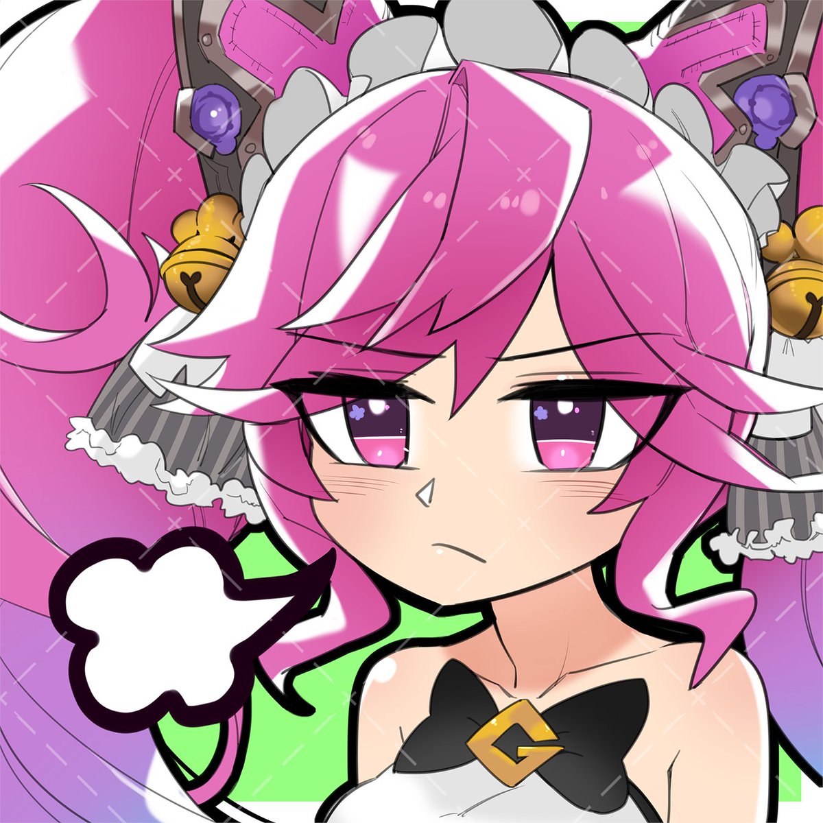 1girl =3 bare_shoulders bell black_bow blush bow cleo_(dragalia_lost) collarbone dragalia_lost hair_bell hair_ornament highres long_hair pink_eyes pink_hair sigh sleeveless solo twintails upper_body xiafei97