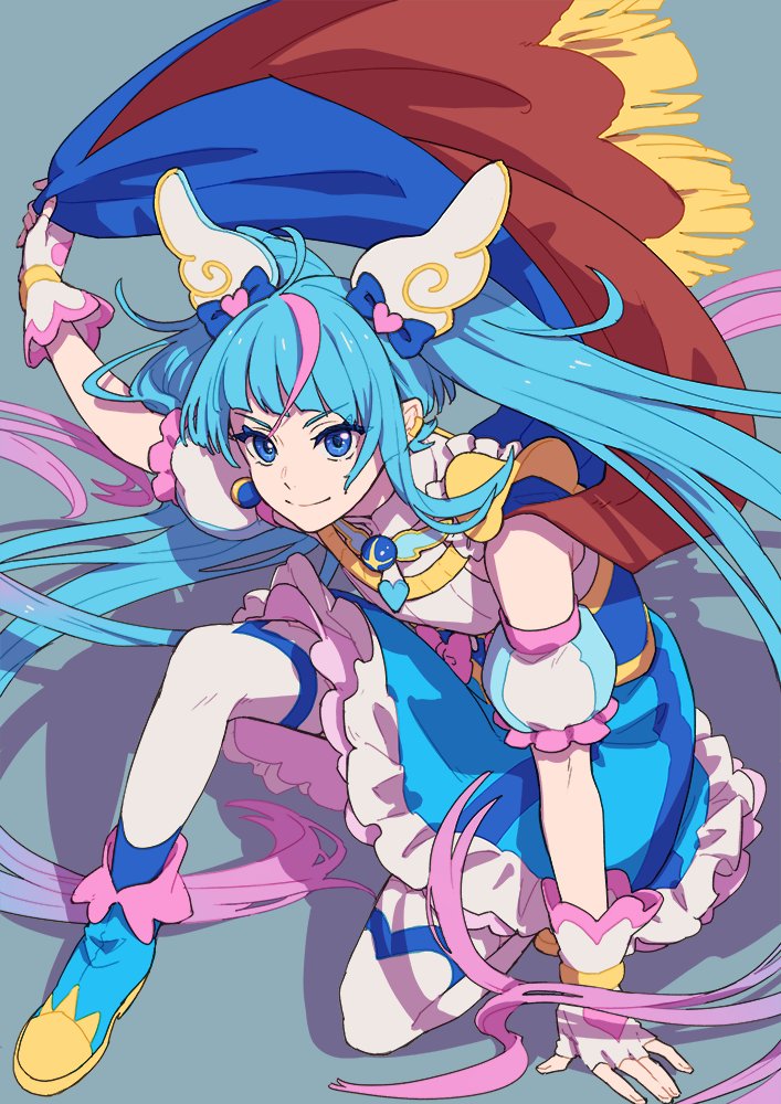 1girl ahoge ankle_boots aqua_eyes asymmetrical_clothes blue_cape blue_dress blue_footwear blue_hair blunt_bangs boots bow cape cure_sky cut_bangs detached_sleeves dress fingerless_gloves full_body gloves gradient_hair hair_bow hair_ornament hand_on_floor hirogaru_sky!_precure holding holding_cape holding_clothes isshoku_(shiki) jewelry long_hair magical_girl miniskirt multicolored_hair pink_hair precure puffy_detached_sleeves puffy_sleeves shadow skirt smile sora_harewataru streaked_hair twintails two-sided_cape two-sided_fabric two-tone_hair very_long_hair wing_hair_ornament