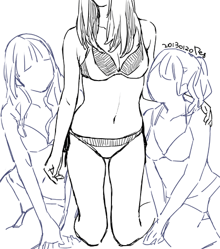 3girls blunt_bangs breasts cleavage dated faceless high_ponytail medium_hair monochrome multiple_girls original panties peg side-tie_panties sketch underwear