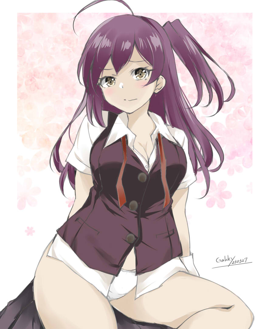 1girl ahoge black_skirt black_vest blouse blush breasts brown_eyes dated gakky gloves gradient_background hagikaze_(kancolle) kantai_collection kerchief long_hair looking_at_viewer medium_breasts neck_ribbon one-hour_drawing_challenge one_side_up panties pink_background pleated_skirt purple_hair red_ribbon ribbon school_uniform shirt short_sleeves sitting skirt skirt_removed smile solo twitter_username underwear vest white_background white_gloves white_panties white_shirt