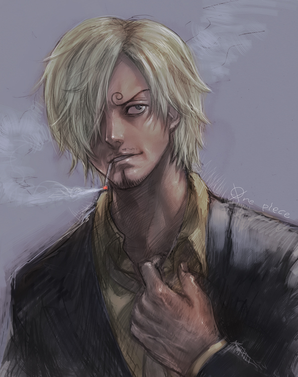 1boy adjusting_clothes adjusting_necktie blonde_hair boyaking cigarette goatee_stubble hair_over_one_eye male_focus mustache_stubble necktie one_piece sanji_(one_piece) shirt smile smoking solo