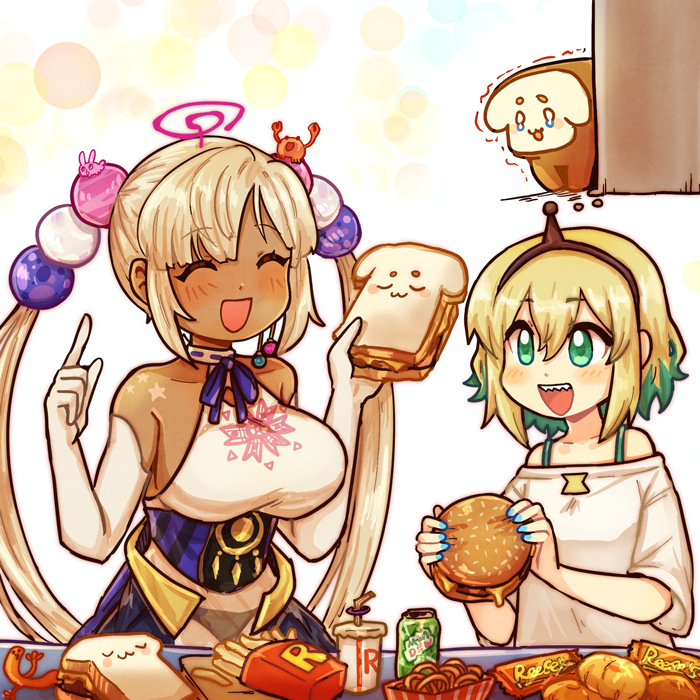 1girl 2girls :d ^_^ amano_pikamee black_hairband blonde_hair breasts burger closed_eyes collarbone colored_inner_hair commentary crossover cup dark-skinned_female dark_skin disposable_cup elbow_gloves english_commentary food french_fries gloves green_eyes green_hair hair_ornament hairband hand_up holding holding_food hololive hololive_english kaniko_(tsukumo_sana) kataro large_breasts limiter_(tsukumo_sana) long_hair looking_at_another mountain_dew multicolored_hair multiple_girls off-shoulder_shirt off_shoulder onion_rings planet_hair_ornament reese's_cups sandwich sharp_teeth shirt short_hair smile teeth tsukumo_sana tsukumo_sana_(1st_costume) twintails two-tone_hair upper_body very_long_hair virtual_youtuber voms white_gloves white_shirt yatagarasu_(tsukumo_sana)