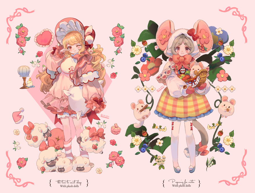 2girls acorn animal_ear_hood animal_ears artist_name basket blonde_hair blue_flower blue_footwear blueberry blush_stickers bonnet bow bow_button bowtie brown_eyes bud buttons candle capelet chinchilla_(animal) chinchilla_ears chinchilla_tail closed_eyes closed_mouth collar collared_dress commentary daisy dress english_commentary english_text eyelashes fire floral_print flower food frilled_collar frilled_dress frilled_headwear frilled_sleeves frills fruit full_body fur-trimmed_headwear fur_trim hat hat_bow heart high_collar holding holding_basket holding_pillow kneehighs lace-trimmed_capelet lace_trim lamp leaf light_brown_hair lolita_fashion long_hair long_sleeves looking_at_viewer macaron multiple_girls nightcap one_eye_closed original pantyhose pillow pink_background pink_bow pink_eyes pink_flower pink_headwear pink_mittens pink_socks plaid plaid_dress pom_pom_(clothes) puffy_long_sleeves puffy_sleeves red_bow red_bowtie red_flower red_headwear red_rose rose rubbing_eyes sheep sheep_ears sheep_slippers shirt shoes short_dress short_hair shorts sleeve_bow sleeveless sleeveless_dress sleeves_past_wrists slippers smile socks solid_circle_eyes solid_oval_eyes striped striped_socks tail tail_bow tail_ornament two-tone_socks welchino white_capelet white_collar white_eyes white_footwear white_pantyhose white_shirt white_shorts white_socks yellow_dress yellow_flower