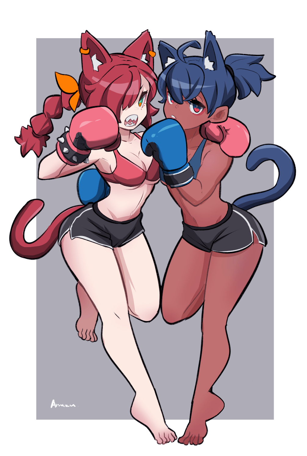 2girls amazu_(kurozu) bare_shoulders barefoot blue_gloves blue_hair blue_shirt boxing_gloves dark-skinned_female dark_skin gloves highres kickboxing multiple_girls original red_gloves red_hair red_shirt shirt