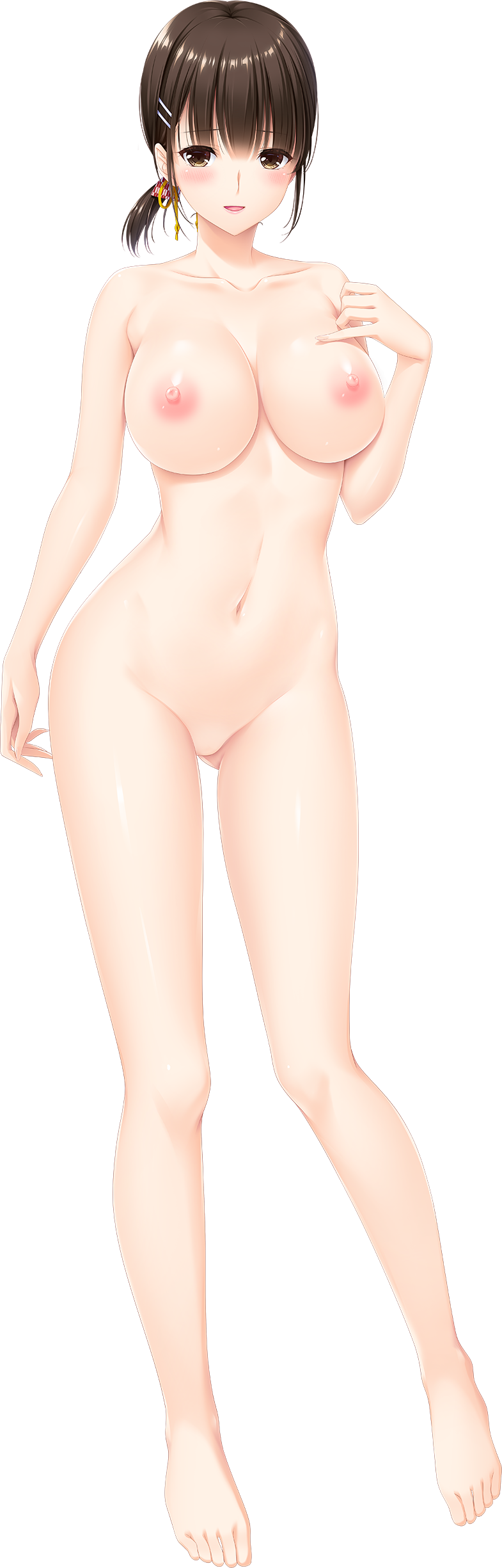 1girl absurdres barefoot blush breasts brown_eyes brown_hair choco_chip completely_nude full_body hair_ornament hairclip highres looking_at_viewer navel nipples no_pussy non-web_source nude open_mouth ponytail solo tachi-e transparent_background