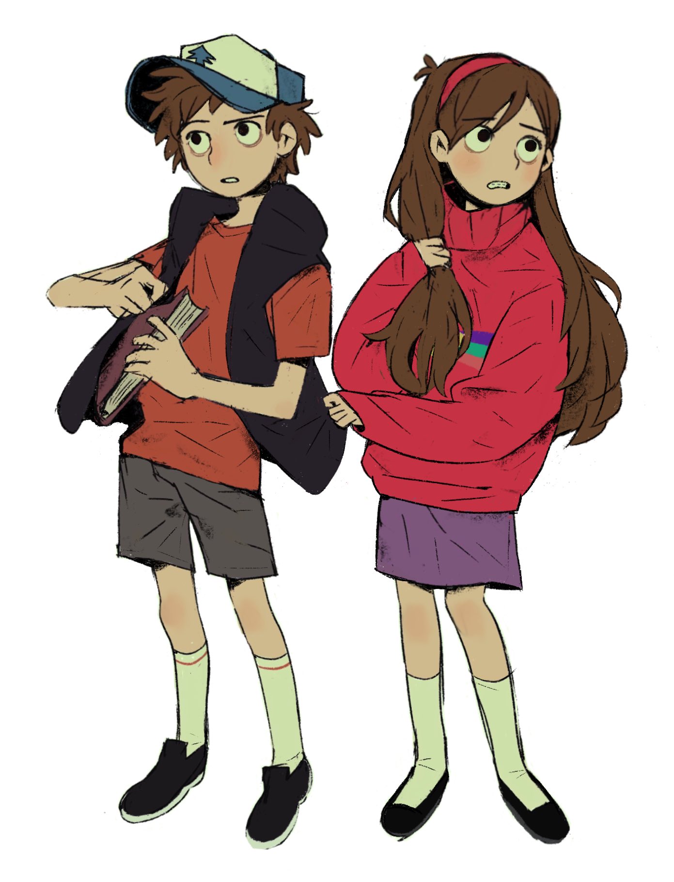 1boy 1girl baseball_cap black_footwear blue_headwear blue_jacket blue_vest book braces brother_and_sister brown_hair brown_shorts clothes_grab dipper_pines gravity_falls hairband hand_in_own_hair hat highres holding holding_book jacket jacket_grab kumao_(uexxww) long_hair mabel_pines nervous pink_hairband pink_sweater playing_with_own_hair pulling_own_hair purple_skirt red_shirt shirt short_hair short_sleeves shorts siblings skirt sleeveless sleeveless_jacket socks star_(symbol) star_print sweater t-shirt tree_print turtleneck turtleneck_sweater twins vest worried