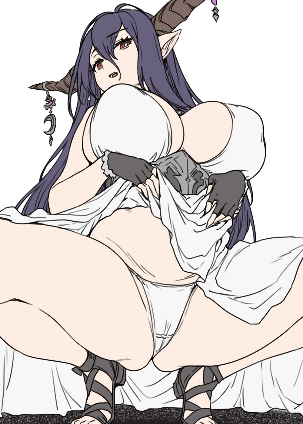 1girl bare_arms bare_shoulders black_gloves breasts danua dress fingerless_gloves gloves granblue_fantasy highres horn_ornament horns houtengeki large_breasts lifted_by_self long_hair looking_at_viewer open_mouth panties pointy_ears red_eyes sideboob simple_background solo squatting thighs underwear white_background white_dress white_panties