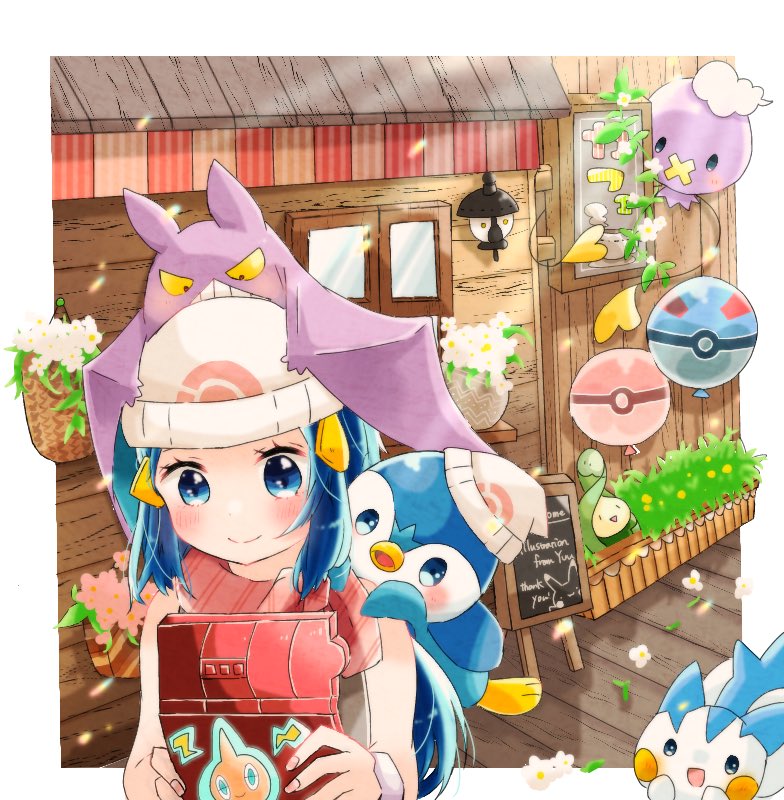 :d bird blue_eyes blue_hair blue_skin budew bush chalkboard clothed_pokemon colored_skin commentary_request crobat drifloon flower great_ball green_skin hanabusaoekaki hat lamp lampent long_hair outdoors pachirisu penguin piplup poke_ball pokedex pokemon pokemon_(anime) pokemon_(creature) purple_skin rotom sleeveless smile solid_oval_eyes white_flower white_headwear white_skin window yellow_eyes