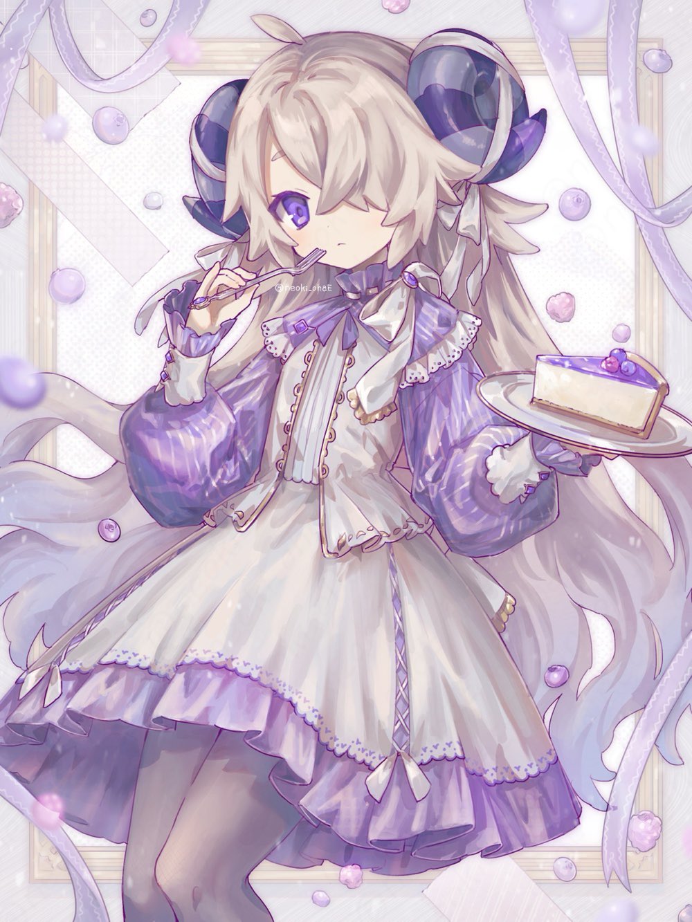 1girl ahoge berry black_pantyhose blonde_hair brooch cake cheesecake closed_mouth crossed_bangs curled_horns dress expressionless feet_out_of_frame food fork frilled_dress frilled_sleeves frills grey_horns hair_over_one_eye hands_up highres holding holding_fork holding_plate horns jewelry legs_together light_blush long_hair long_sleeves looking_at_viewer neoki_ohae one_eye_covered original pantyhose picture_frame pinstripe_dress pinstripe_pattern plate puffy_long_sleeves puffy_sleeves purple_dress purple_eyes purple_horns purple_ribbon ribbon sheep_horns solo striped striped_horns twitter_username very_long_hair watermark white_dress white_ribbon