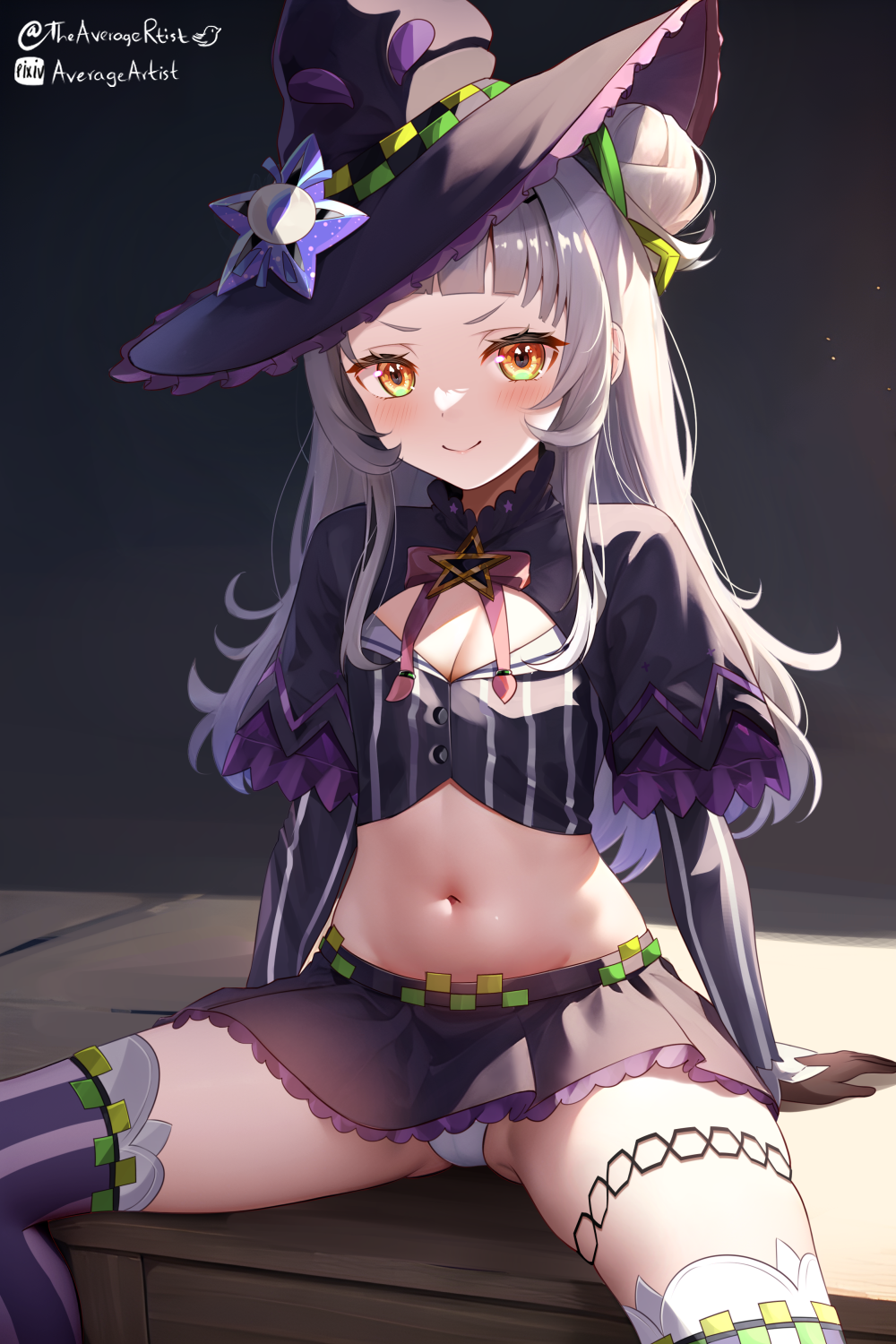 1girl averageartist black_capelet black_gloves black_headwear black_skirt blunt_bangs blush bow bowtie breasts capelet cleavage closed_mouth cropped_shirt gloves grey_hair grey_shirt grey_thighhighs hair_bun hat highres hololive long_hair long_sleeves looking_at_viewer lowleg lowleg_skirt medium_breasts microskirt midriff miniskirt murasaki_shion murasaki_shion_(1st_costume) navel panties pink_bow pink_bowtie pinstripe_pattern pinstripe_shirt purple_capelet shirt single_side_bun skirt smile solo spread_legs striped striped_shirt striped_thighhighs thighhighs tilted_headwear underwear vertical-striped_shirt vertical-striped_thighhighs vertical_stripes virtual_youtuber white_panties witch_hat yellow_eyes